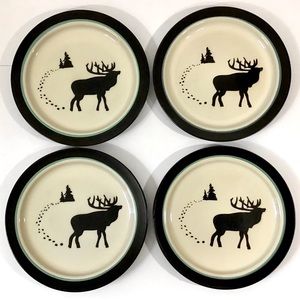 Bass Pro Shop Salad Dessert Plates 8” Stoneware Elk Deer Moose In Woods Set of 4